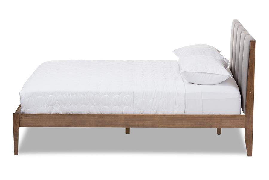 baxton studio ember mid century light grey fabric and medium brown finish wood queen size platform bed | Modish Furniture Store-3