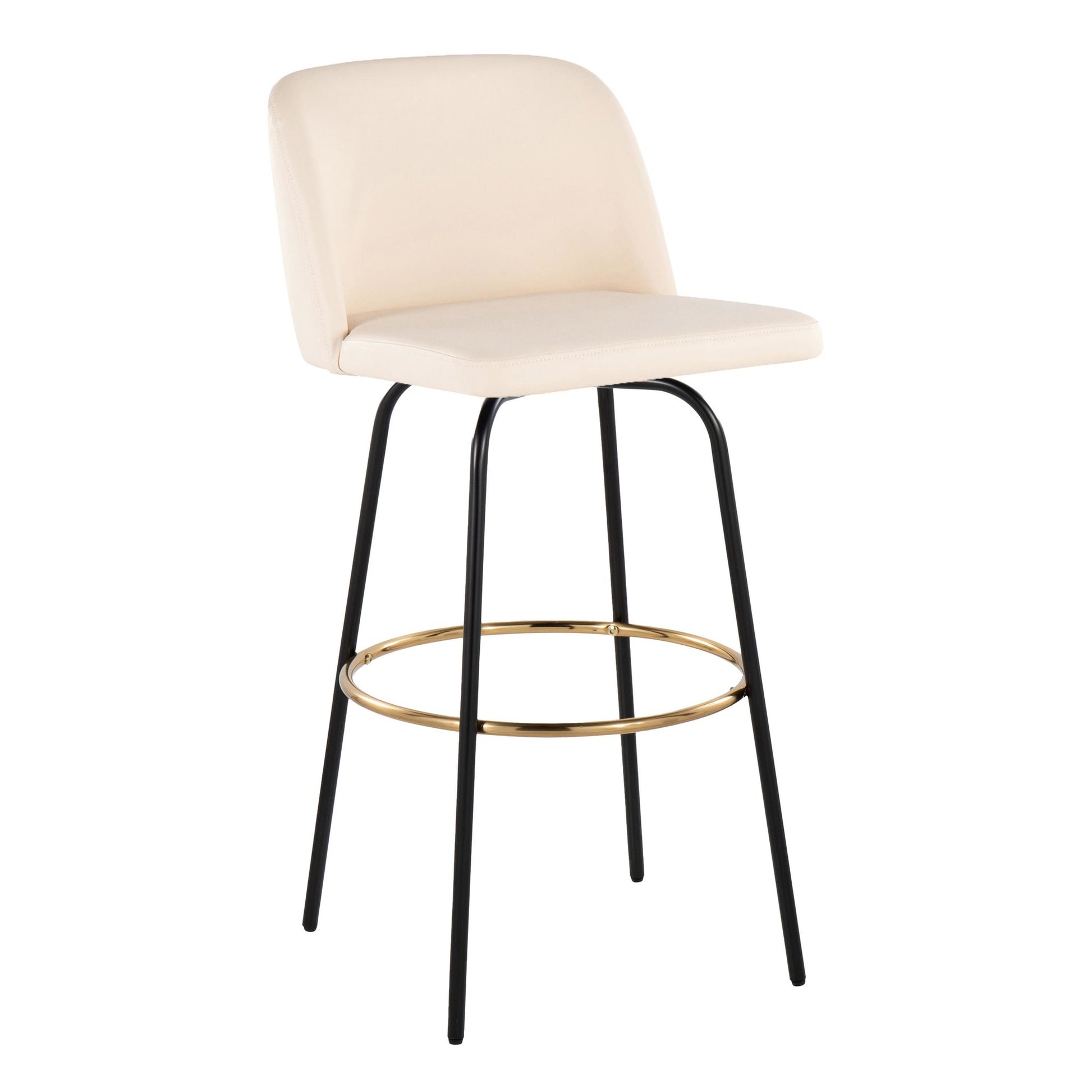 Toriano 30" Contemporary Fixed Height Barstool with Swivel in Cream Faux Leather and Black Metal with Round Gold Footrest By LumiSource - Set of 2 | Bar Stools | Modishstore - 4