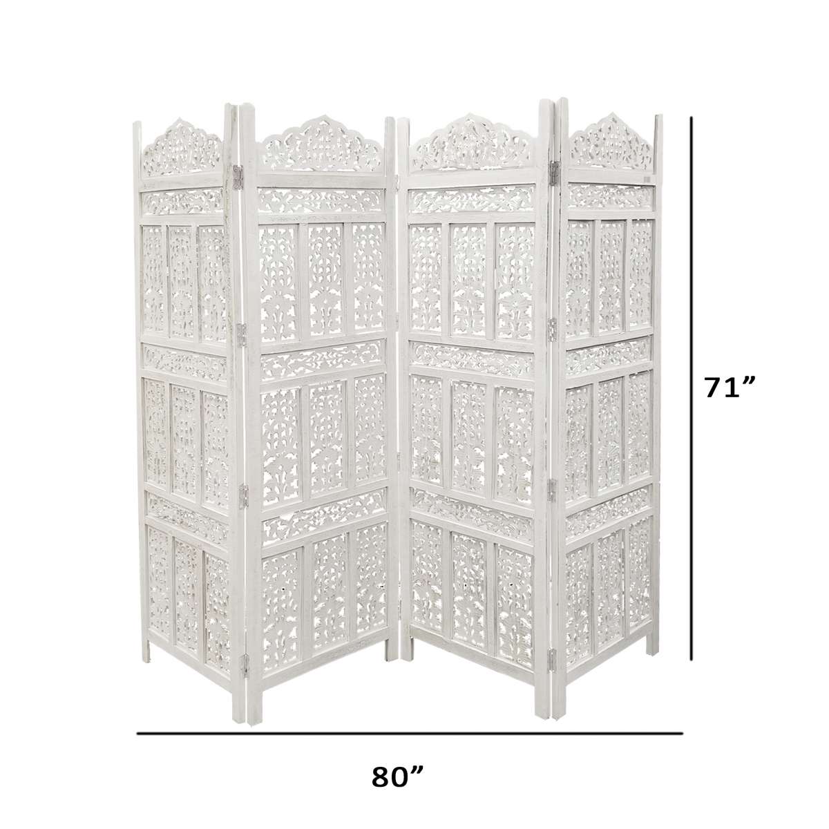 Aesthetically Carved 4 Panel Wooden Partition Screen/Room Divider, Distressed White By Benzara | Room Divider | Modishstore - 5