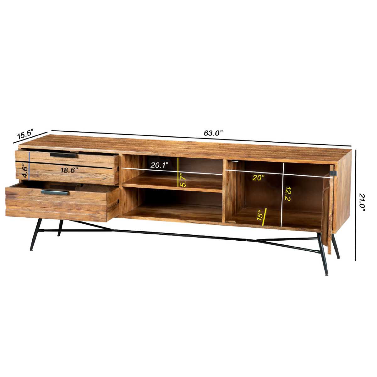 Roomy Wooden Media Console With Slanted Metal Base, Brown And Black By Benzara | Console Tables | Modishstore - 8