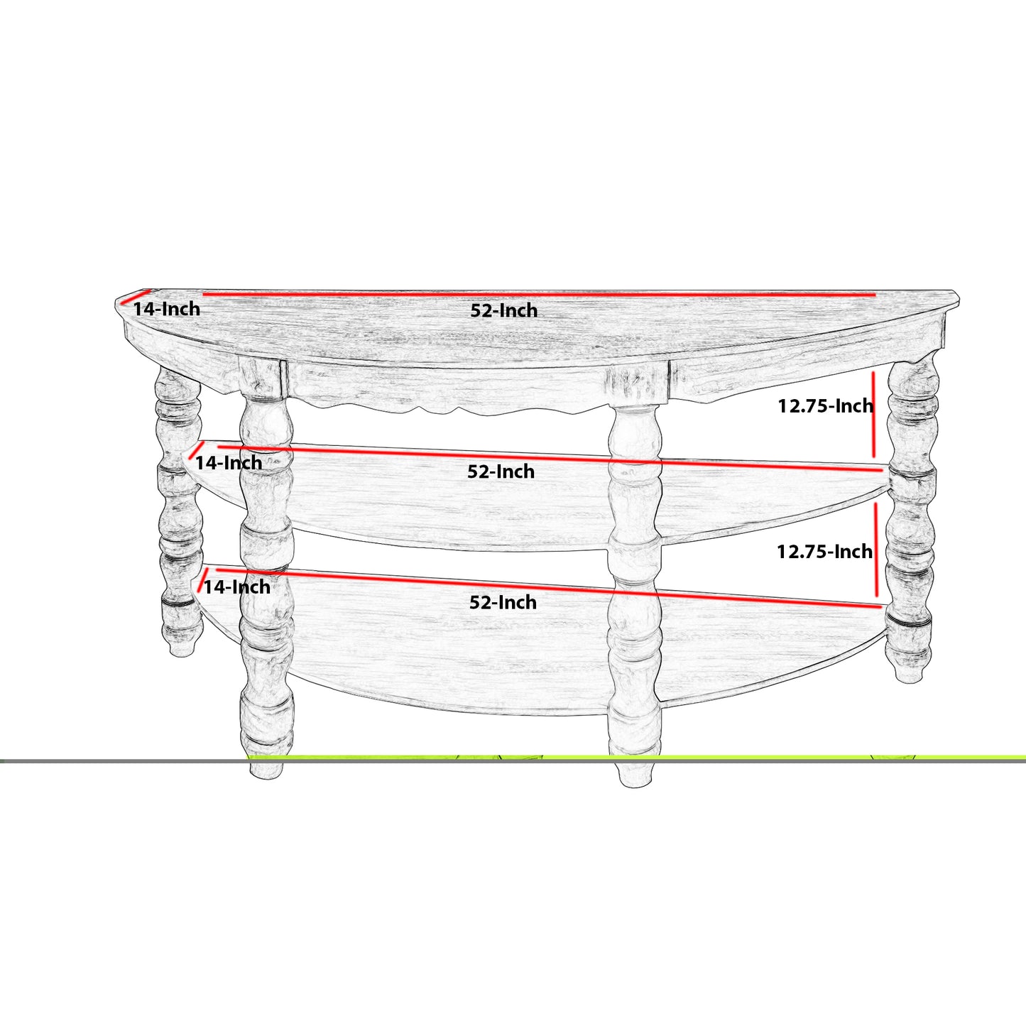 Half Moon Shaped Wooden Console Table With 2 Shelves And Turned Legs, Gray By Benzara | Console Tables | Modishstore - 7