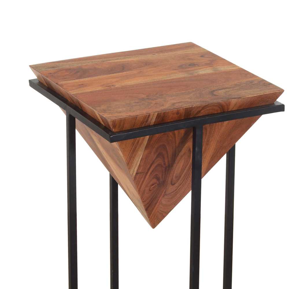 26 Inch Pyramid Shape Wooden Side Table With Cross Metal Base, Brown And Black By Benzara | Side Tables | Modishstore - 6