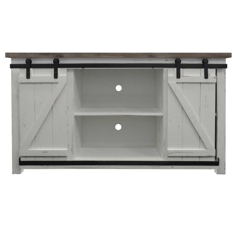 69 Inch Wooden Media Console With Barn Style Sliding Door, Brown And White By Benzara | Cabinets |  Modishstore  - 2