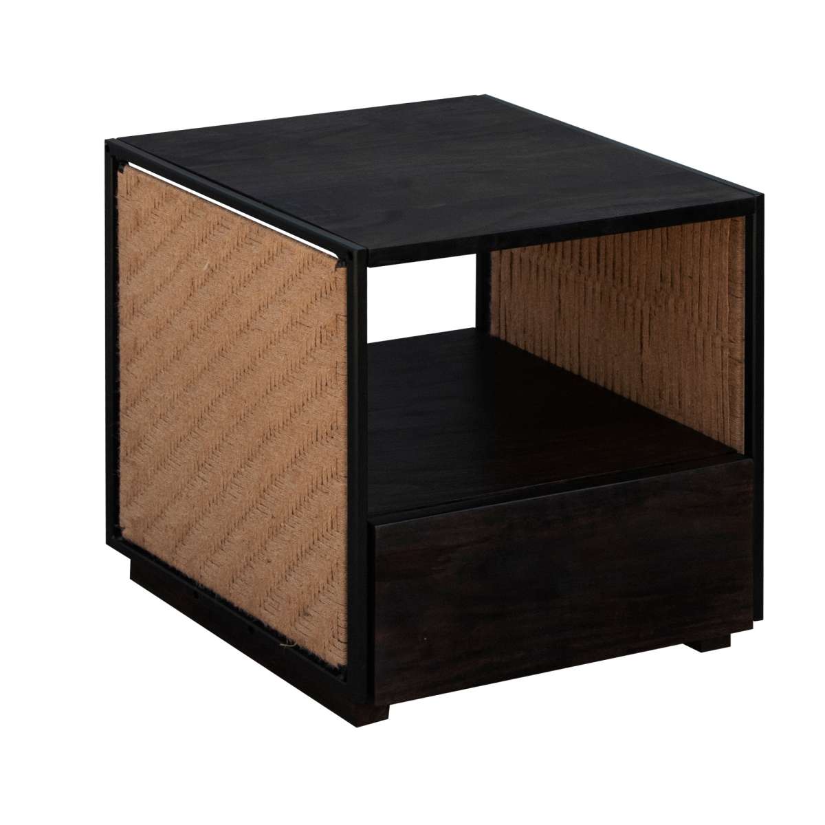 Single Drawer Solid Wood Nightstand With Open Storage And Jute Woven Side Panels, Black By Benzara | Nightstands | Modishstore - 11