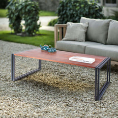 48 Inches Wooden Top Industrial Coffee Table With Metal Sled Base, Brown And Black By Benzara