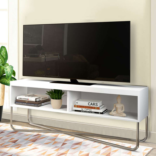 53 Inch Tv Stand With 2 Open Compartments And Tubular Metal Frame, White And Chrome By Benzara | TV Stands |  Modishstore 