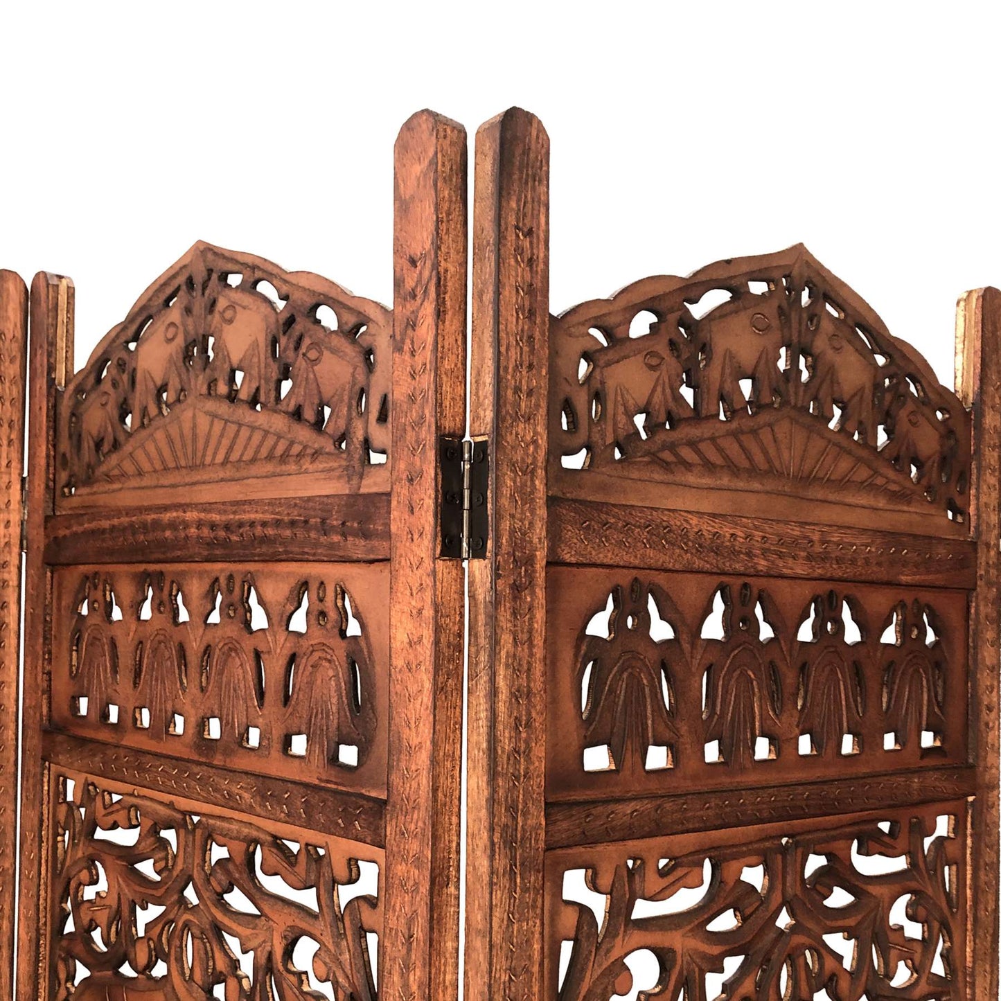 Traditionally Wooden Carved 4 Panel Room Divider Screen With Intricate Cutout Details, Brown By Benzara | Room Divider | Modishstore - 9