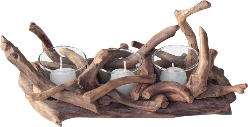 Driftwood Tealight 3 Candle Tray Centerpiece with 3 Glass Containers by Artisan Living | Candle Holders | Modishstore-2