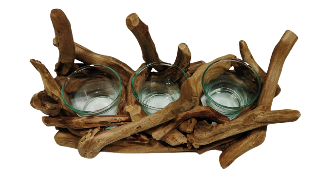 Driftwood Tealight 3 Candle Tray Centerpiece with 3 Glass Containers by Artisan Living | Candle Holders | Modishstore-4