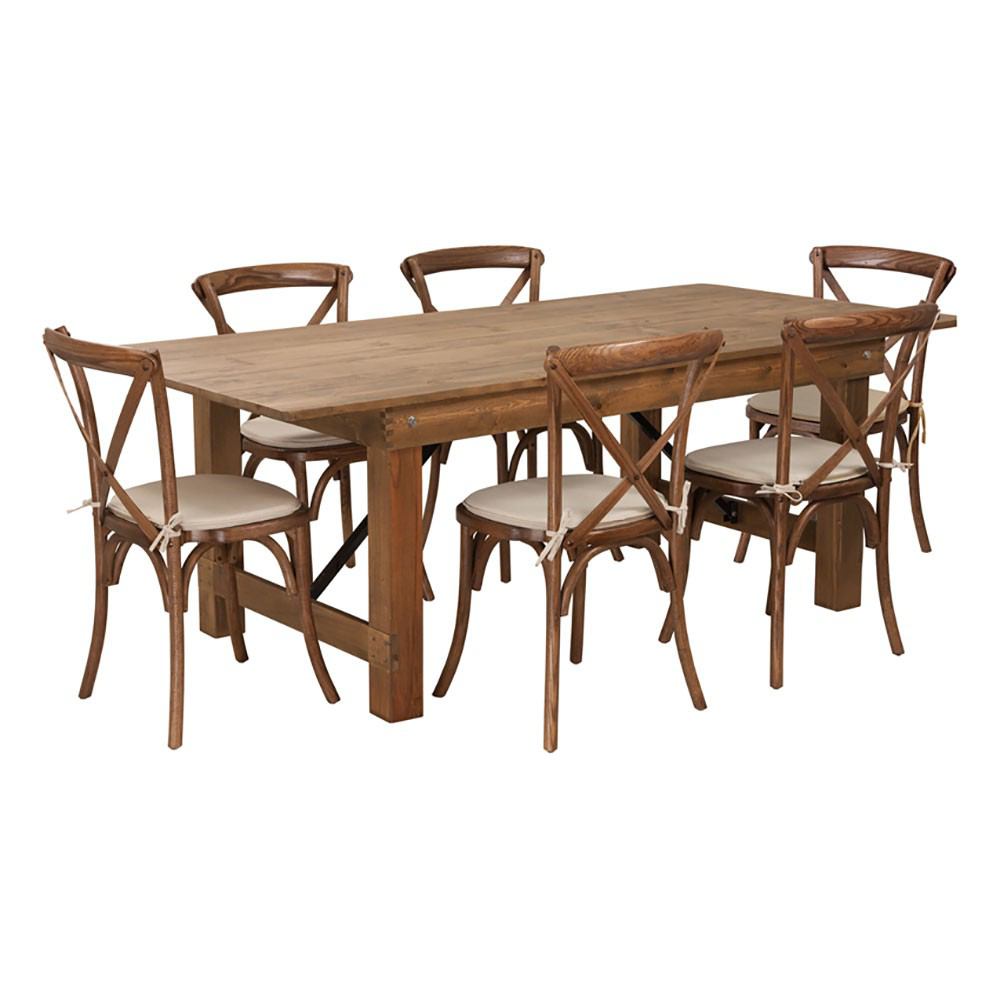 Flash Furniture Hercules Series 7' X 40'' Antique Rustic Folding Farm Table Set With 6 Cross Back Chairs | Dining Sets | Modishstore - 1