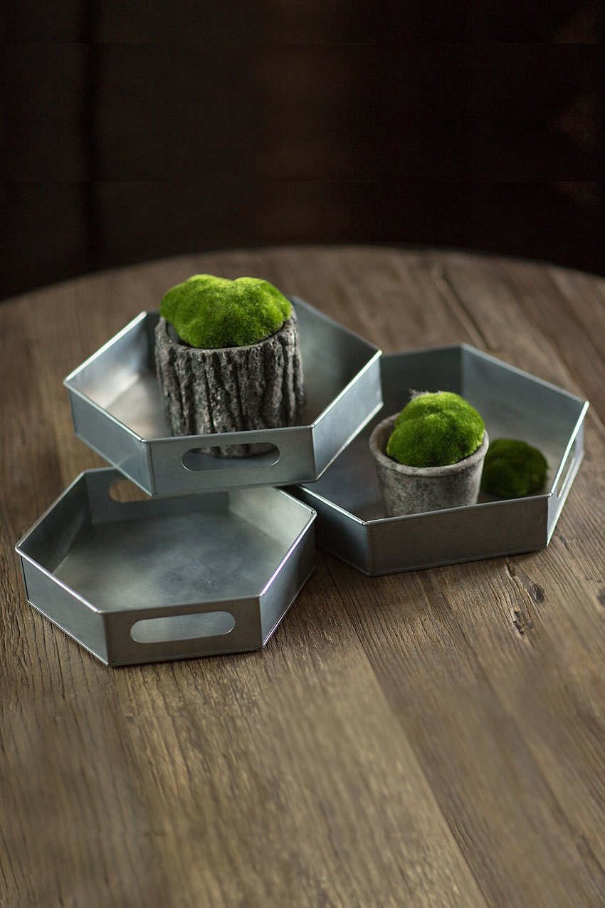 Vagabond Vintage Hexagonal Galvanized Trays - Set of 3 | Modishstore | Decorative Trays & Dishes