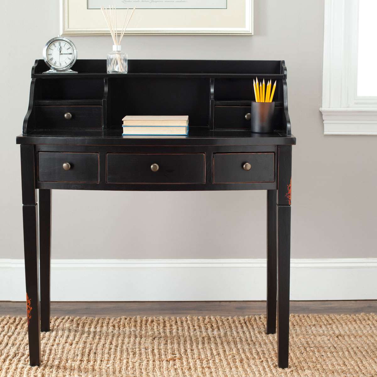 black dresser desk Wooakway Black Wood Dresser Table Desk Modern Makeup Vanity with Drawer for Small Spaces 44-in W x 15.7-in D x 38-in H in the Dressers department at Lowes.com