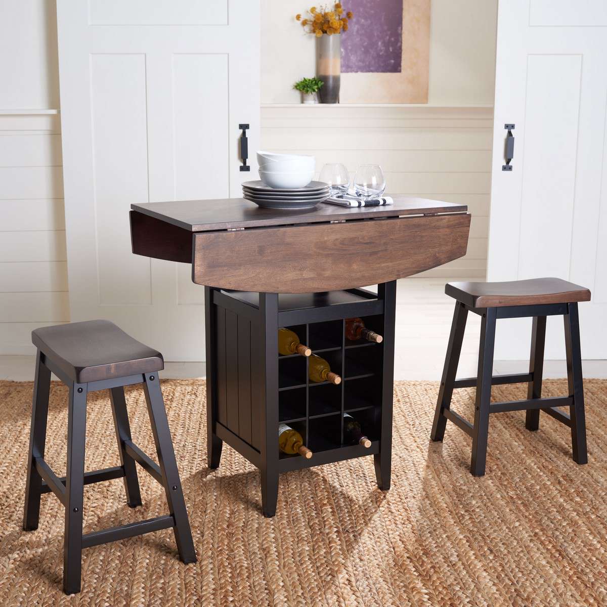 Safavieh Emeric 3 Pc Set Drop Leaf Pub Table - Dark Espresso | Bar Stools & Table | Modishstore - 4