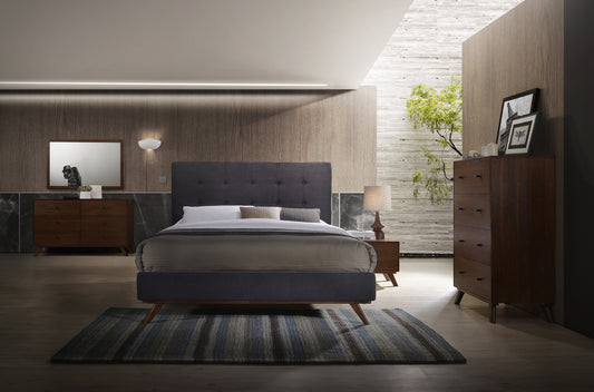 Modrest Addison Mid-Century Modern Grey Fabric & Walnut Bed | Modishstore | Beds