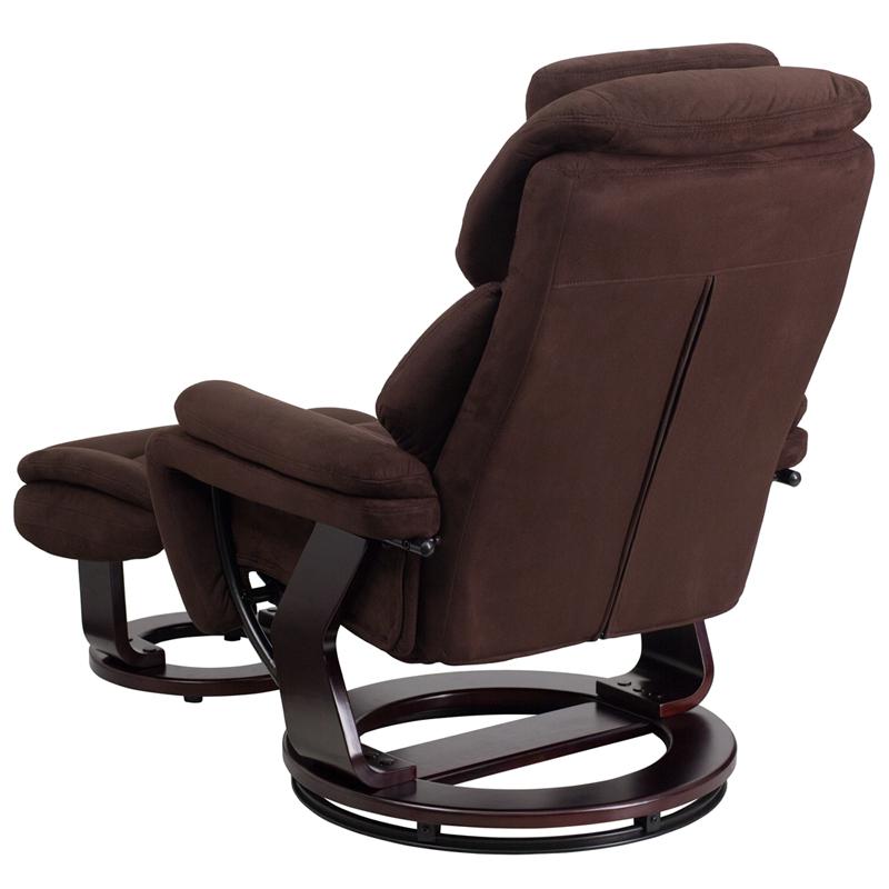 Contemporary Multi-Position Recliner And Ottoman With Swivel Mahogany Wood Base In Brown Microfiber By Flash Furniture | Chairs & Recliners | Modishstore - 3