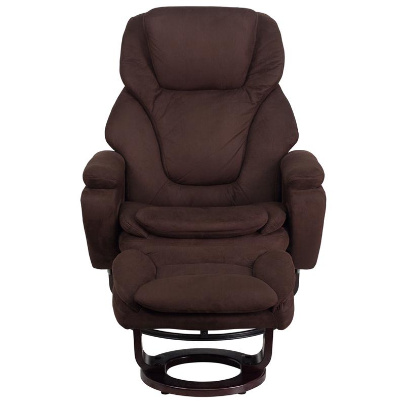 Contemporary Multi-Position Recliner And Ottoman With Swivel Mahogany Wood Base In Brown Microfiber By Flash Furniture | Chairs & Recliners | Modishstore - 4