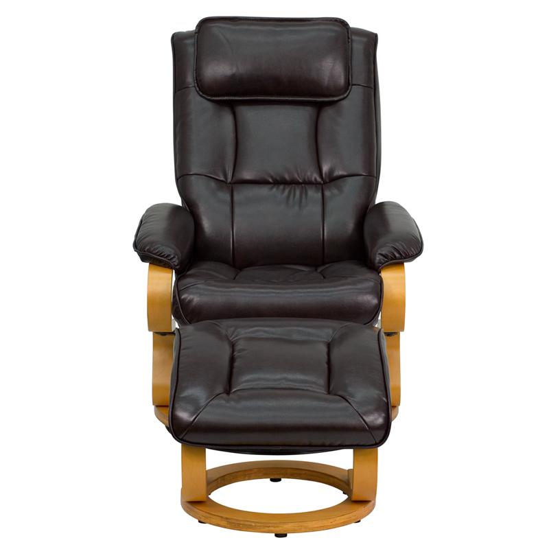 Contemporary Adjustable Recliner And Ottoman With Swivel Maple Wood Base In Brown Leathersoft By Flash Furniture | Recliners | Modishstore - 4
