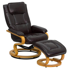 Contemporary Adjustable Recliner And Ottoman With Swivel Maple Wood Base In Brown Leathersoft By Flash Furniture