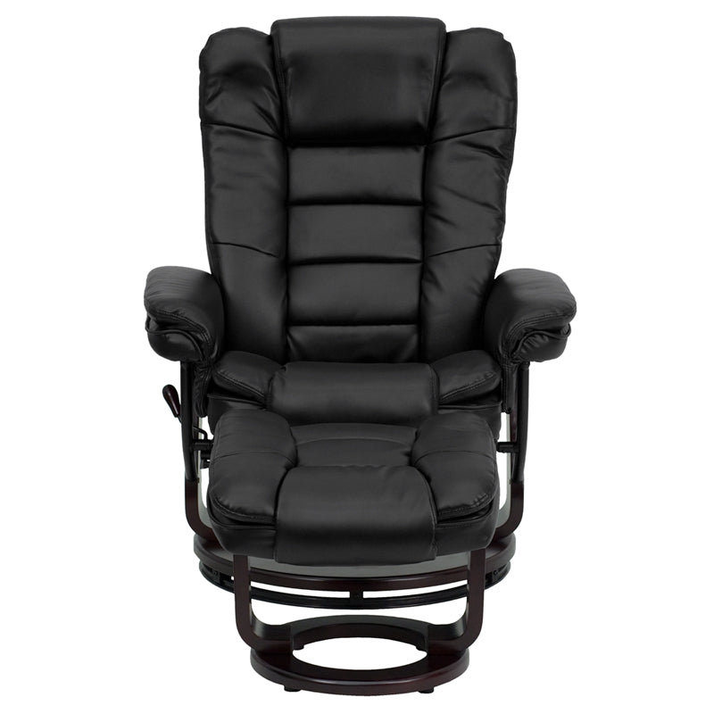 Contemporary Multi-Position Recliner With Horizontal Stitching And Ottoman With Swivel Mahogany Wood Base In Black Leathersoft By Flash Furniture | Recliners | Modishstore - 4