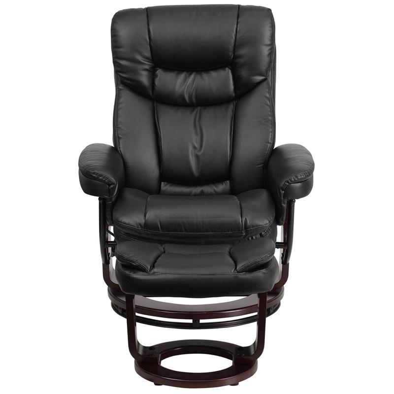 Contemporary Multi-Position Recliner And Curved Ottoman With Swivel Mahogany Wood Base In Black Leathersoft By Flash Furniture | Recliners | Modishstore - 4