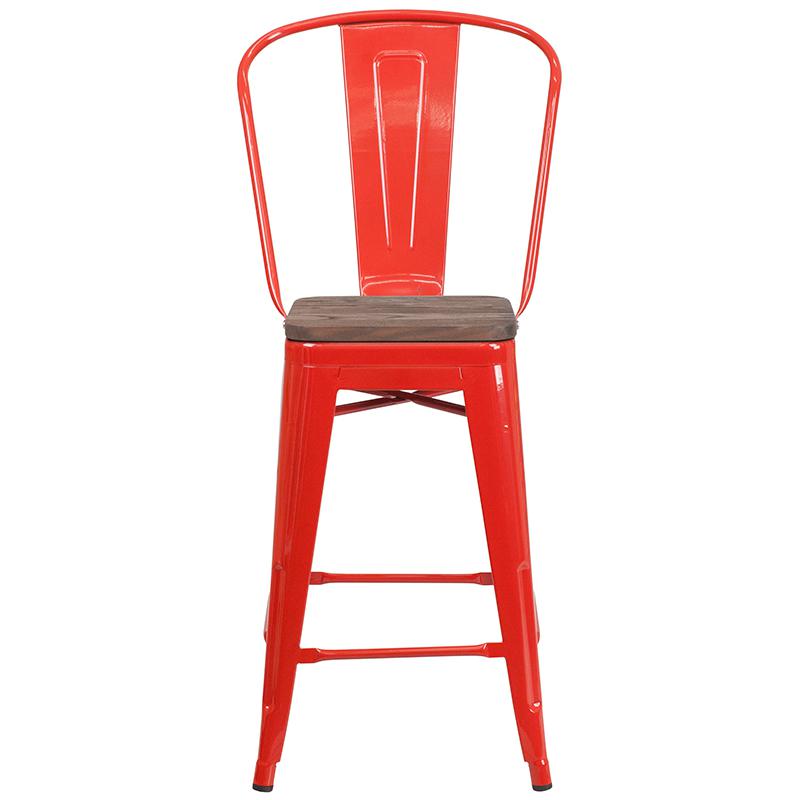 24" High Red Metal Counter Height Stool With Back And Wood Seat By Flash Furniture | Bar Stools | Modishstore - 4