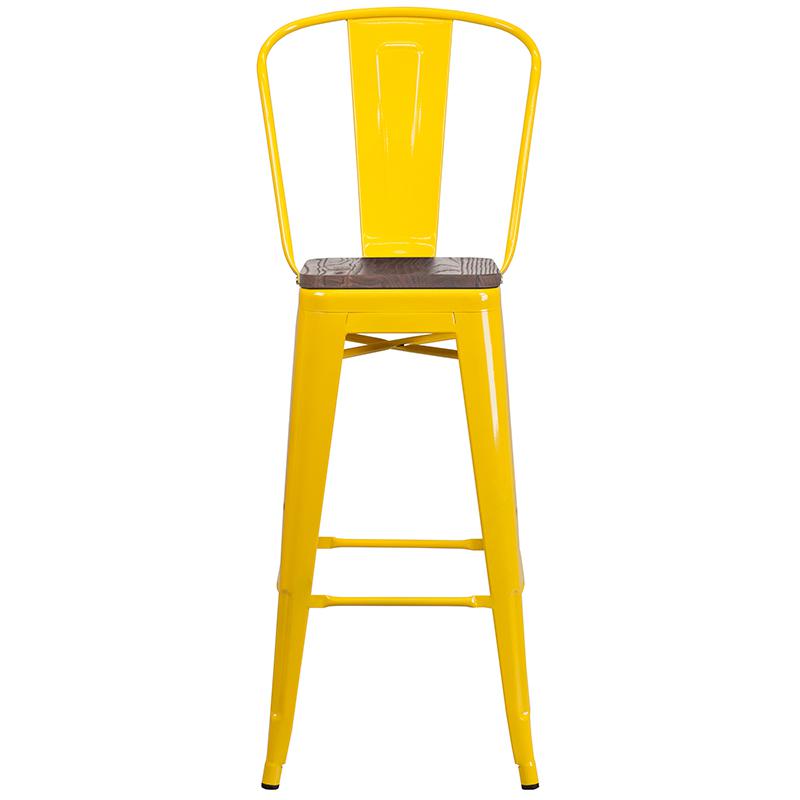 30" High Yellow Metal Barstool With Back And Wood Seat By Flash Furniture | Bar Stools | Modishstore - 4