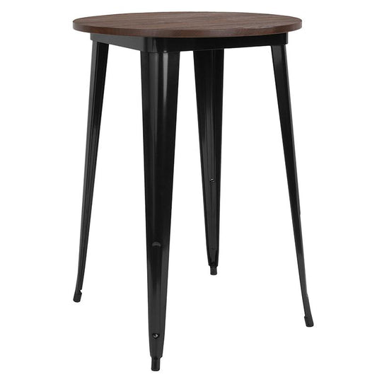30" Round Black Metal Indoor Bar Height Table With Walnut Rustic Wood Top By Flash Furniture | Bar Tables | Modishstore