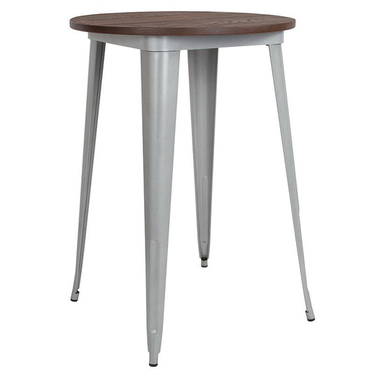 30" Round Silver Metal Indoor Bar Height Table With Walnut Rustic Wood Top By Flash Furniture | Bar Tables | Modishstore