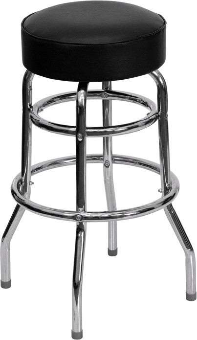 Flash Furniture XU-D-100-GG Double Ring Chrome Barstool With Black Seat | Bar Stools | Modishstore - 1