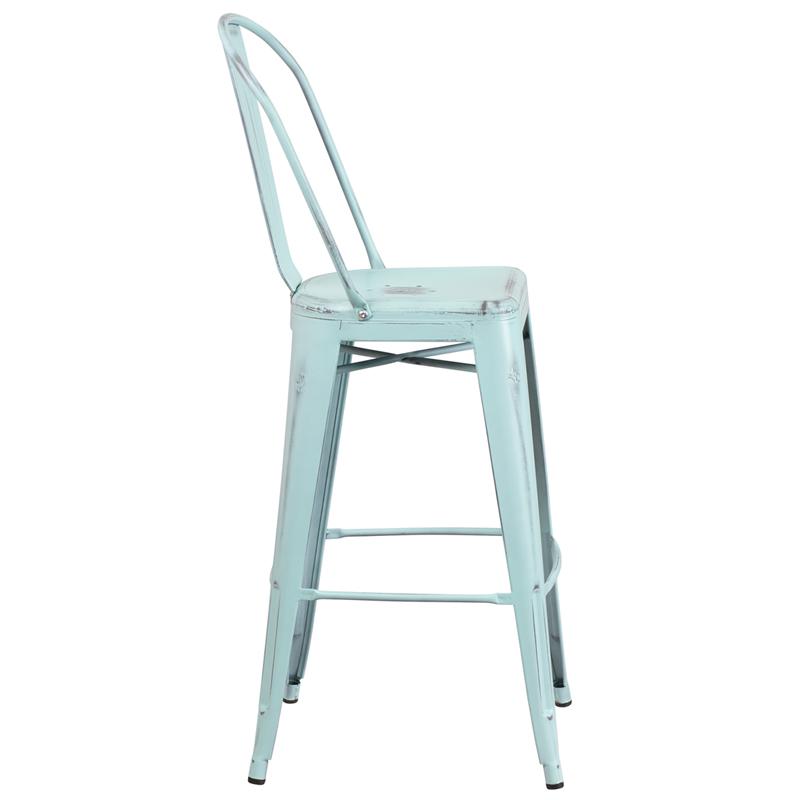 Commercial Grade 30" High Distressed Green-Blue Metal Indoor-Outdoor Barstool With Back By Flash Furniture | Bar Stools | Modishstore - 2