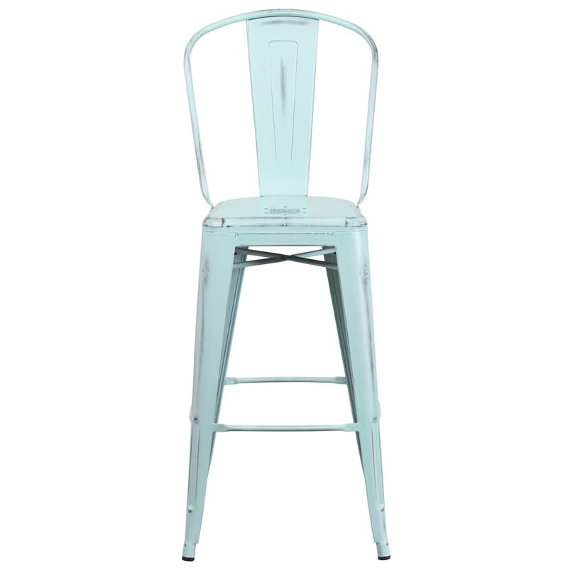 Commercial Grade 30" High Distressed Green-Blue Metal Indoor-Outdoor Barstool With Back By Flash Furniture | Bar Stools | Modishstore - 4