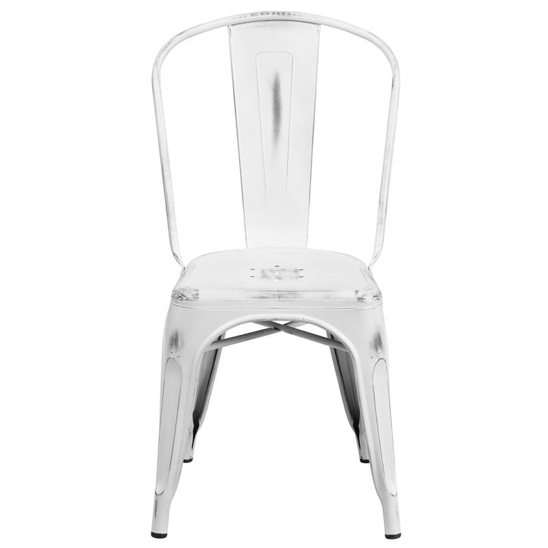 Commercial Grade Distressed White Metal Indoor-Outdoor Stackable Chair By Flash Furniture | Dining Chairs | Modishstore - 4