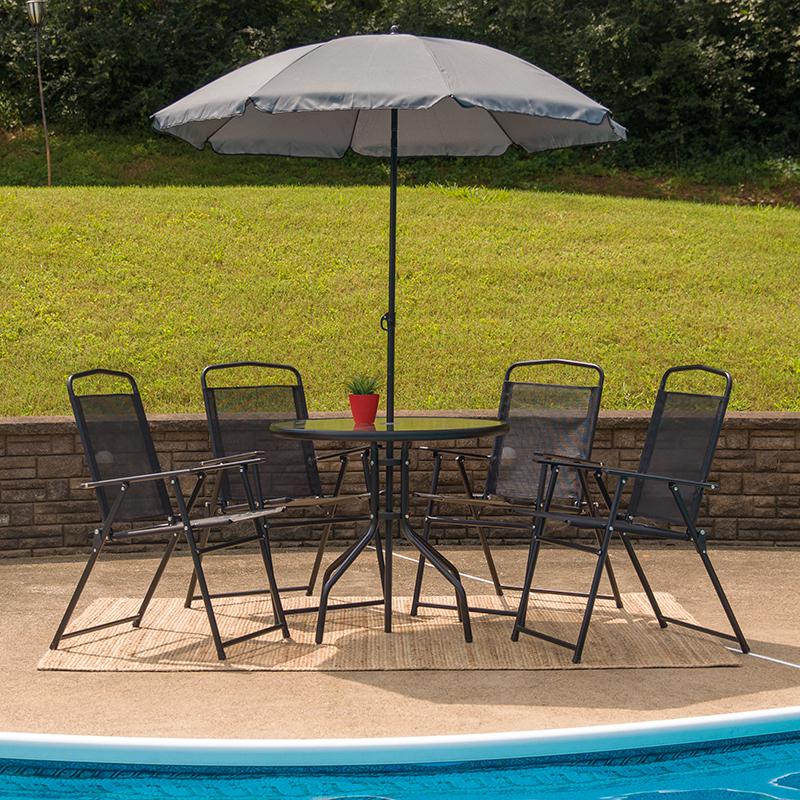 6 piece patio dining set with umbrella Nantucket 6 Piece Black Patio Garden Set With Table, Umbrella And 4 Folding Chairs By Flash Furniture