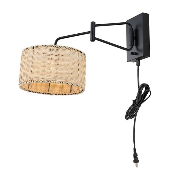 Safavieh Bramley, 21 Inch, Natural/Black, Rattan/Iron Wall Sconce W/ Usb Port Set Of 2 - Black | Sconces | Modishstore - 3