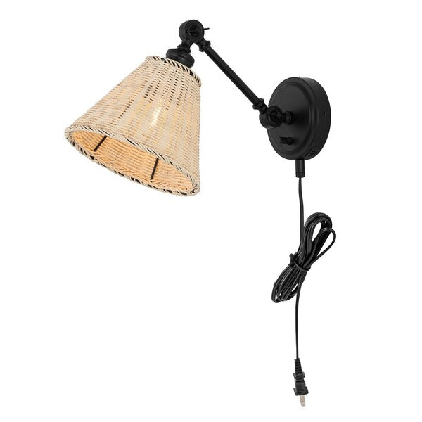 Safavieh Oswynn, 15 Inch, Natural/Black, Rattan/Iron Wall Sconce Set Of 2 W/ Usb Port Set Of 2 - Black | Sconces | Modishstore - 3