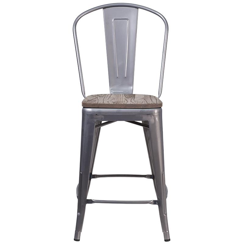 24" High Clear Coated Counter Height Stool With Back And Wood Seat By Flash Furniture | Bar Stools | Modishstore - 4