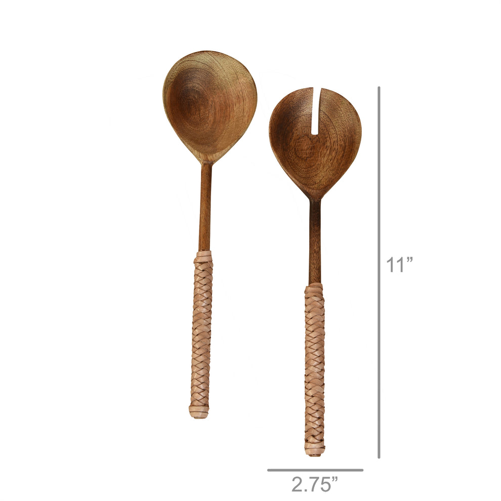 Burke Salad Servers, Wood & Natural Leather Set Of 4 By HomArt | Kitchen Accessories | Modishstore - 2
