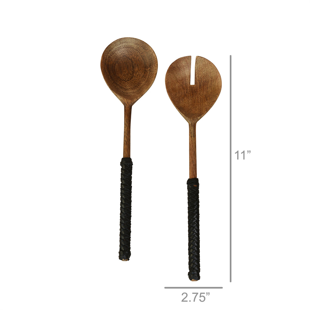 Burke Salad Servers, Wood & Black Leather Set Of 4 By HomArt | Kitchen Accessories | Modishstore - 2