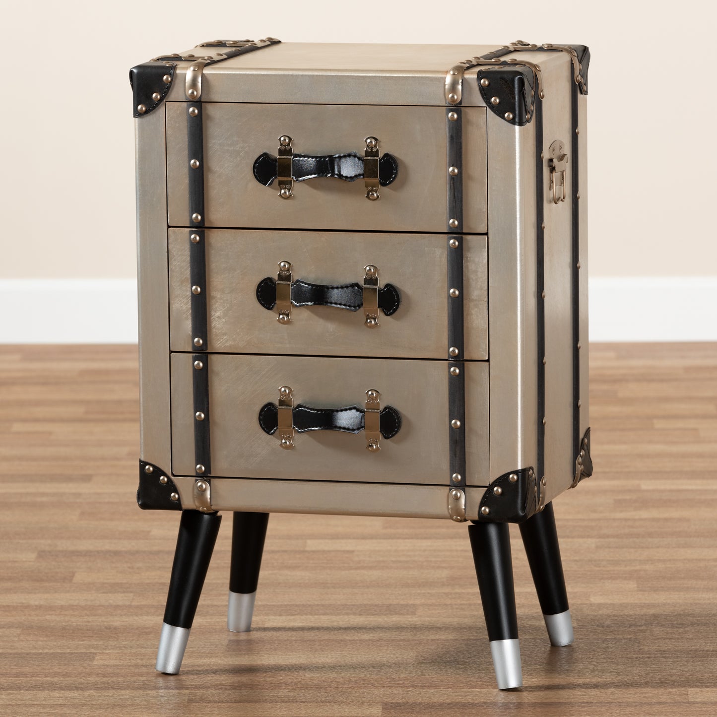 Baxton Studio Dilan Vintage Industrial Antique Silver Finished Metal Trunk Inspired 3-Drawer End Table | Cabinets | Modishstore - 4