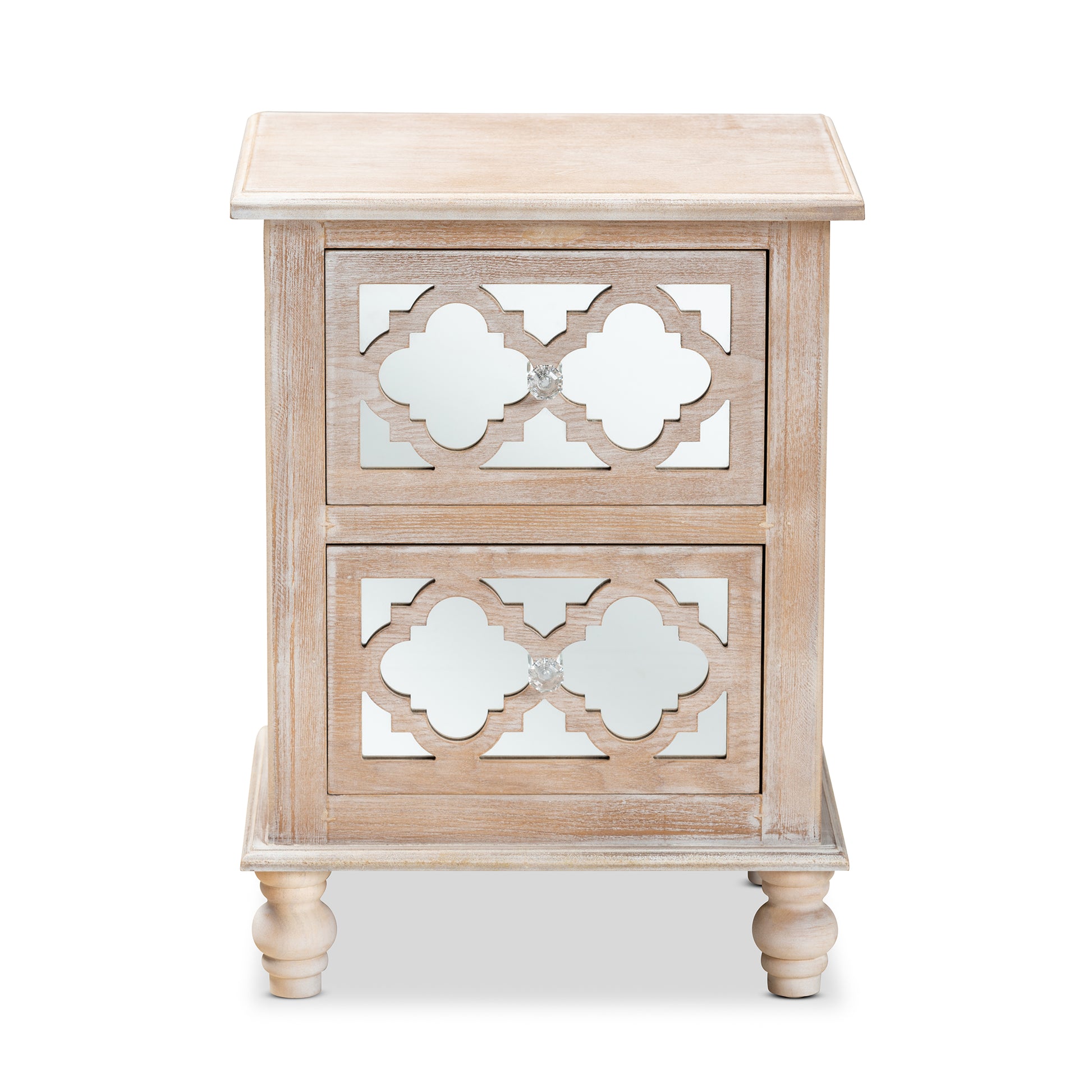Baxton Studio Celia Transitional Rustic French Country White-Washed Wood and Mirror 2-Drawer Quatrefoil End Table | Cabinets | Modishstore - 6