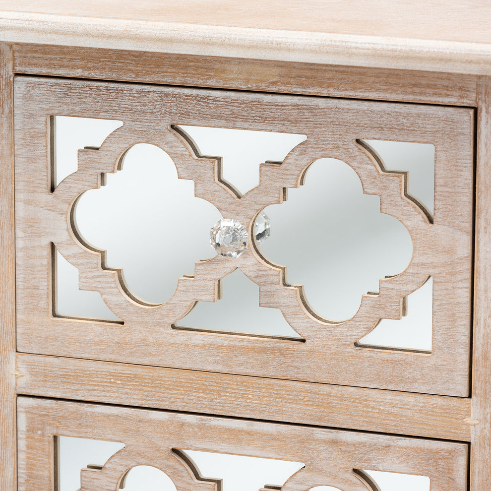 Baxton Studio Celia Transitional Rustic French Country White-Washed Wood and Mirror 2-Drawer Quatrefoil End Table | Cabinets | Modishstore - 8