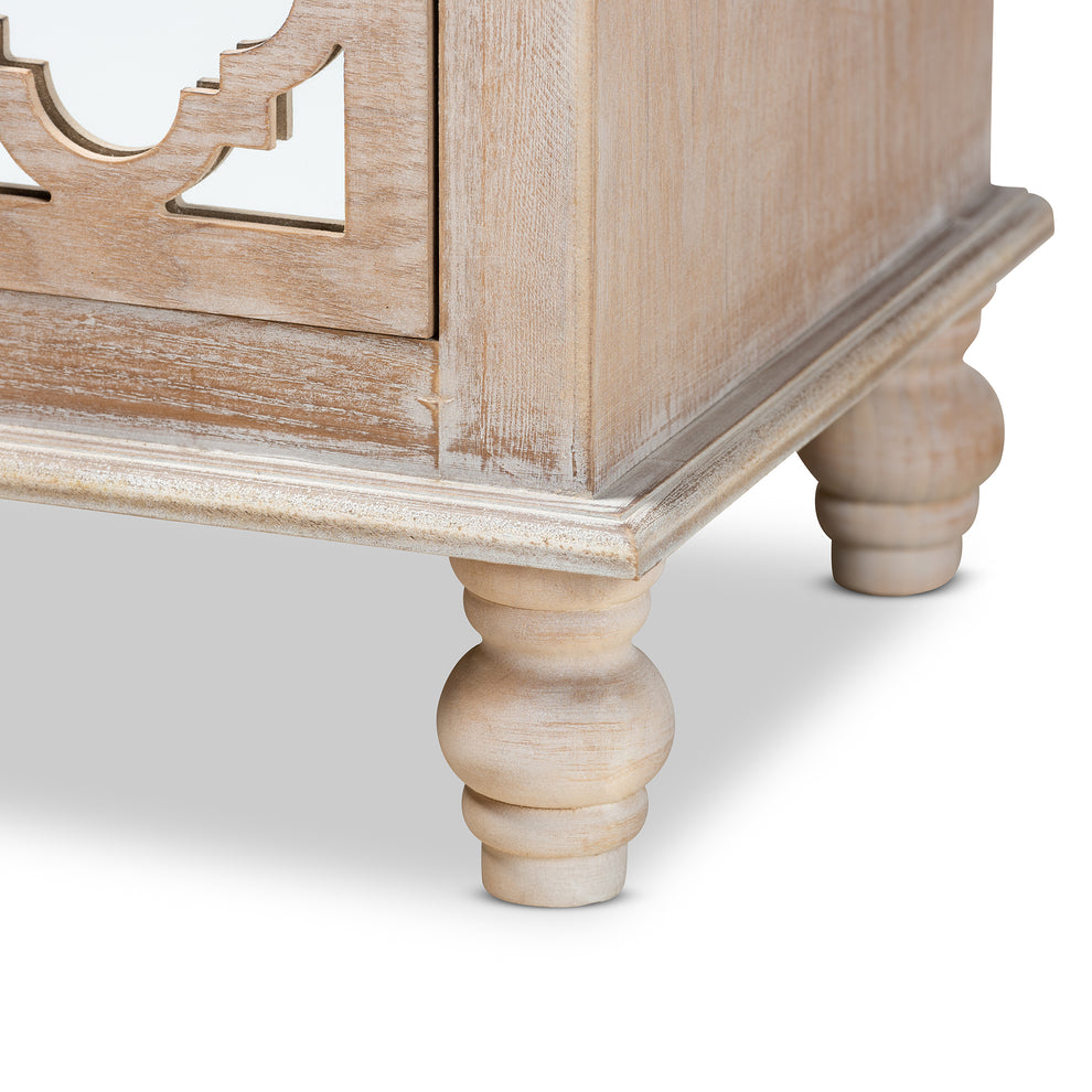 Baxton Studio Celia Transitional Rustic French Country White-Washed Wood and Mirror 2-Drawer Quatrefoil End Table | Cabinets | Modishstore - 9