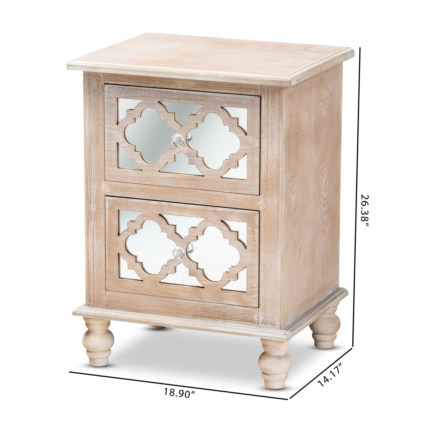 Baxton Studio Celia Transitional Rustic French Country White-Washed Wood and Mirror 2-Drawer Quatrefoil End Table | Cabinets | Modishstore - 3