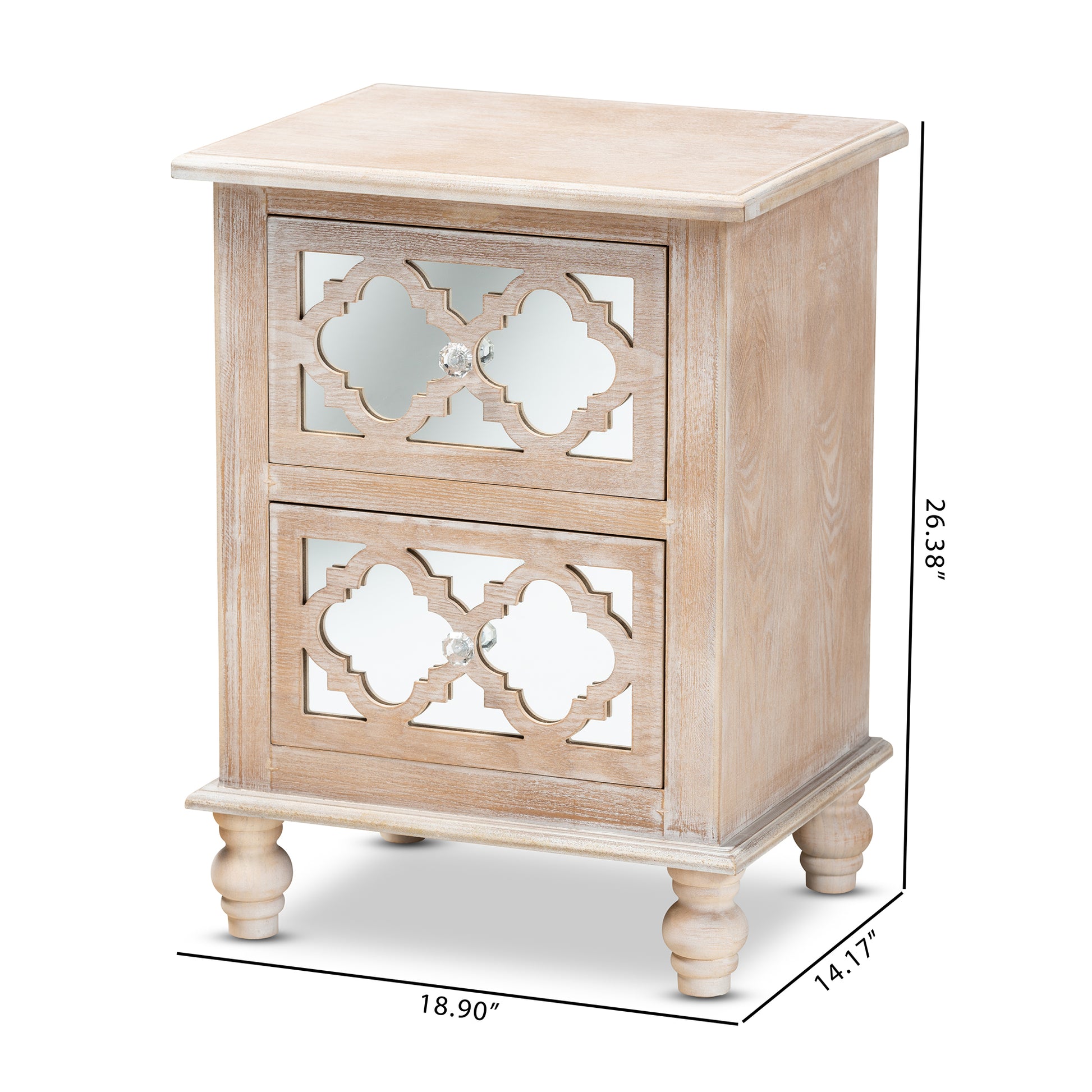 Baxton Studio Celia Transitional Rustic French Country White-Washed Wood and Mirror 2-Drawer Quatrefoil End Table | Cabinets | Modishstore - 3