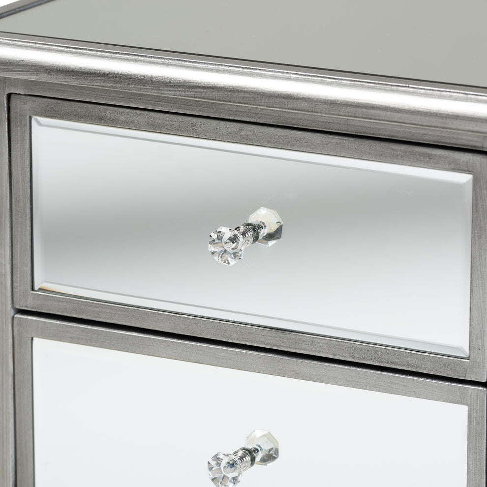 Baxton Studio Leonie Modern Transitional French Brushed Silver Finished Wood and Mirrored Glass 2-Drawer End Table | Cabinets | Modishstore - 8