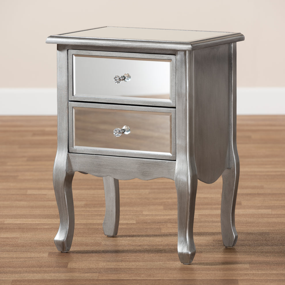 Baxton Studio Leonie Modern Transitional French Brushed Silver Finished Wood and Mirrored Glass 2-Drawer End Table | Cabinets | Modishstore - 2