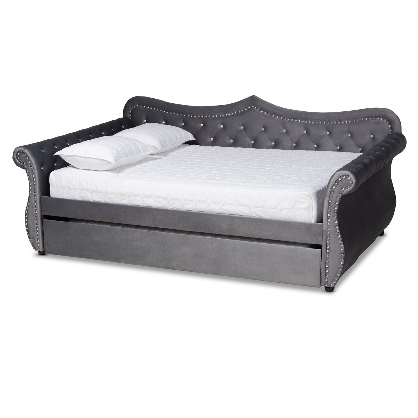 Baxton Studio Abbie Traditional and Transitional Grey Velvet Fabric Upholstered and Crystal Tufted Queen Size Daybed with Trundle | Daybeds | Modishstore - 2