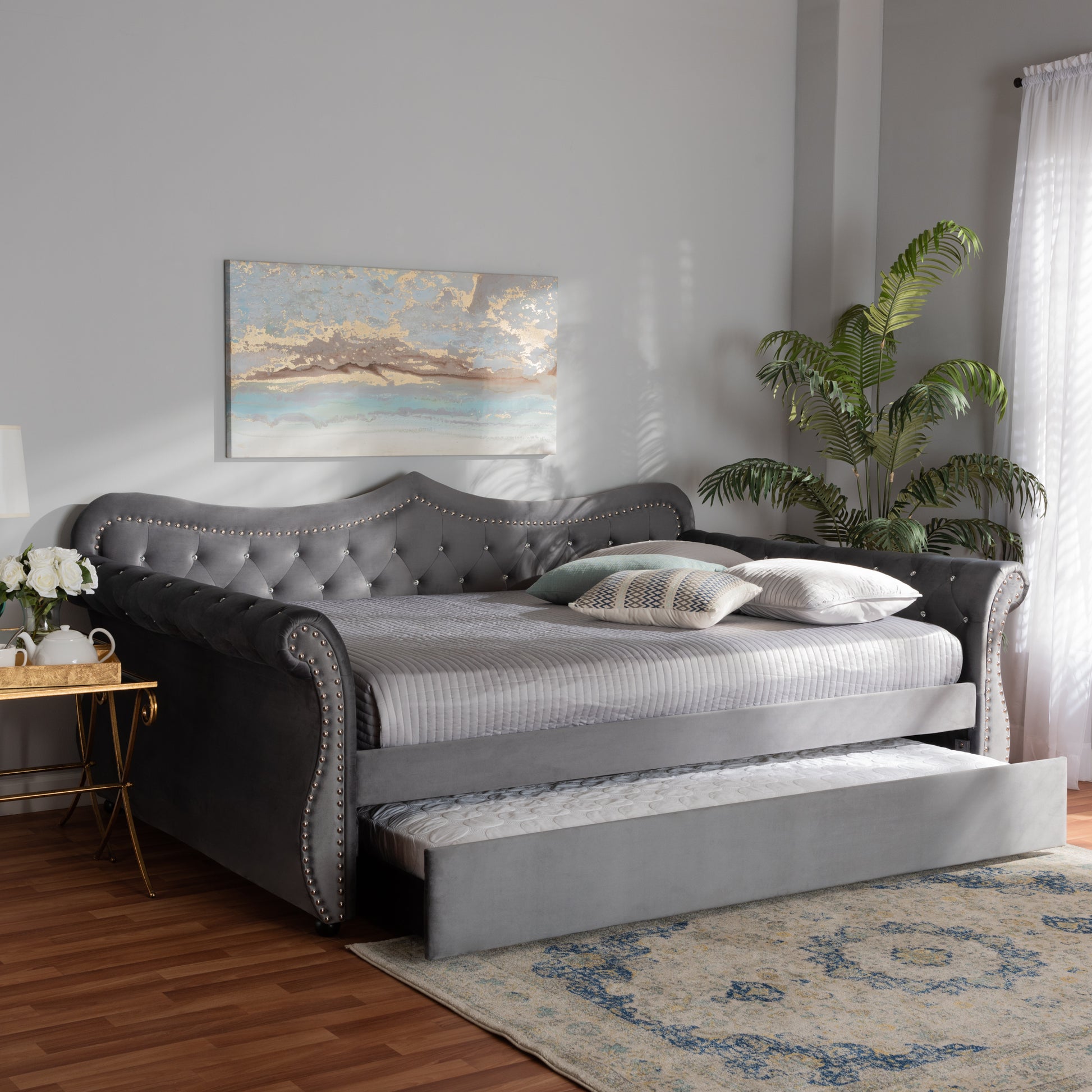 Baxton Studio Abbie Traditional and Transitional Grey Velvet Fabric Upholstered and Crystal Tufted Queen Size Daybed with Trundle | Daybeds | Modishstore