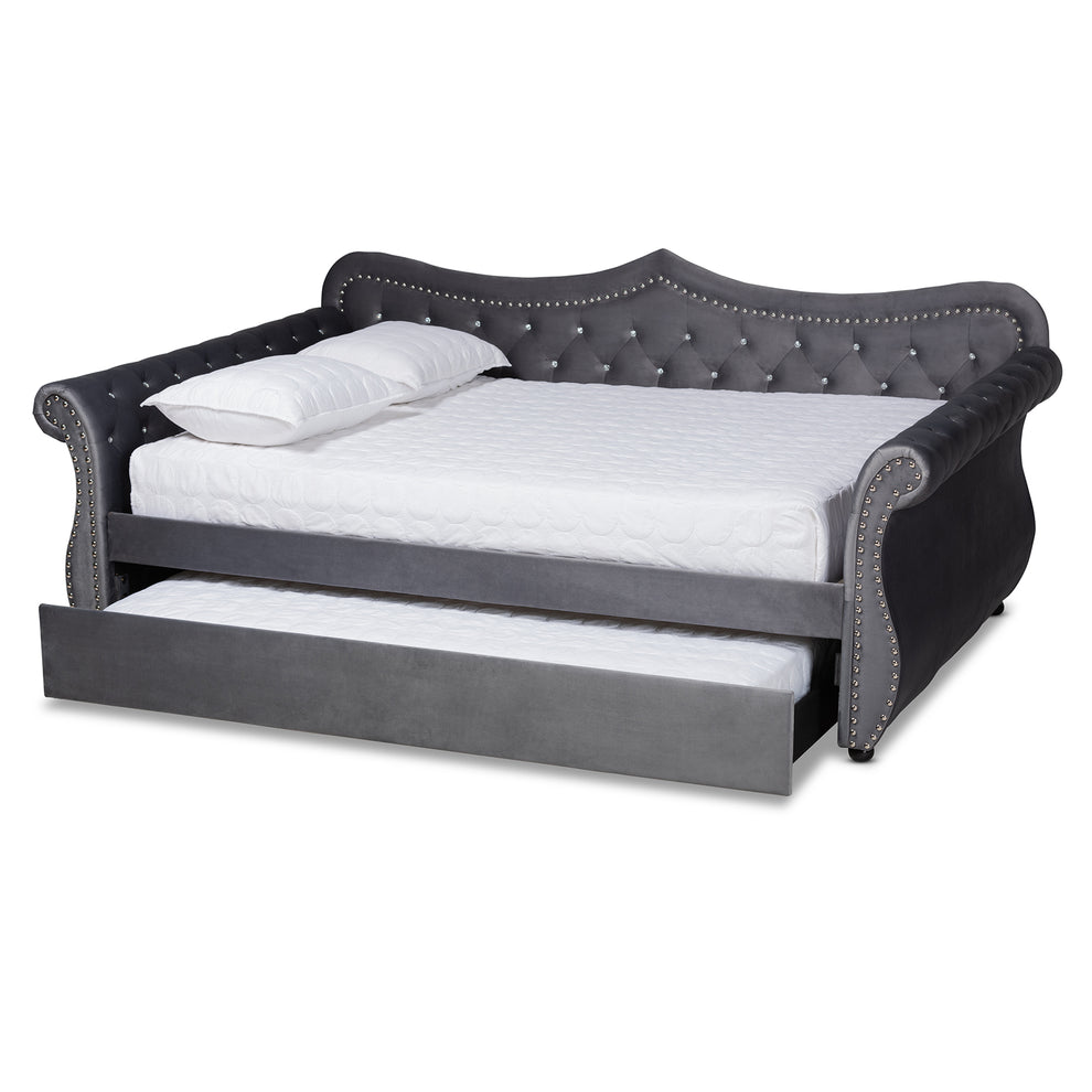 Baxton Studio Abbie Traditional and Transitional Grey Velvet Fabric Upholstered and Crystal Tufted Queen Size Daybed with Trundle | Daybeds | Modishstore - 3