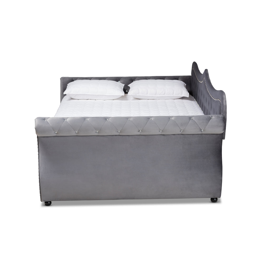Baxton Studio Abbie Traditional and Transitional Grey Velvet Fabric Upholstered and Crystal Tufted Queen Size Daybed with Trundle | Daybeds | Modishstore - 4